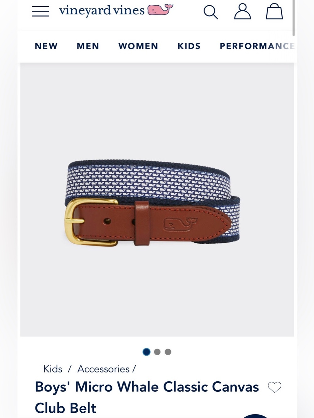 Vineyard Vines Classic Micro Whale Club Belt, Leather and Brass Youth XL